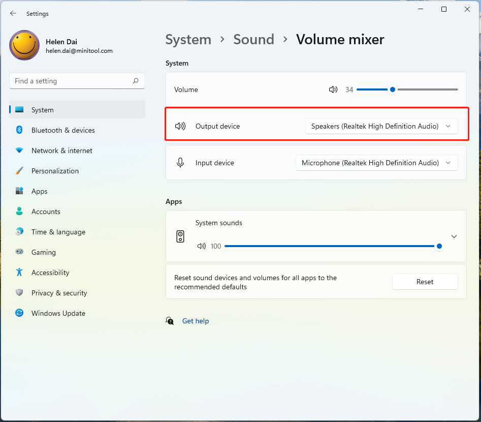 Volume Mixer in Windows Settings