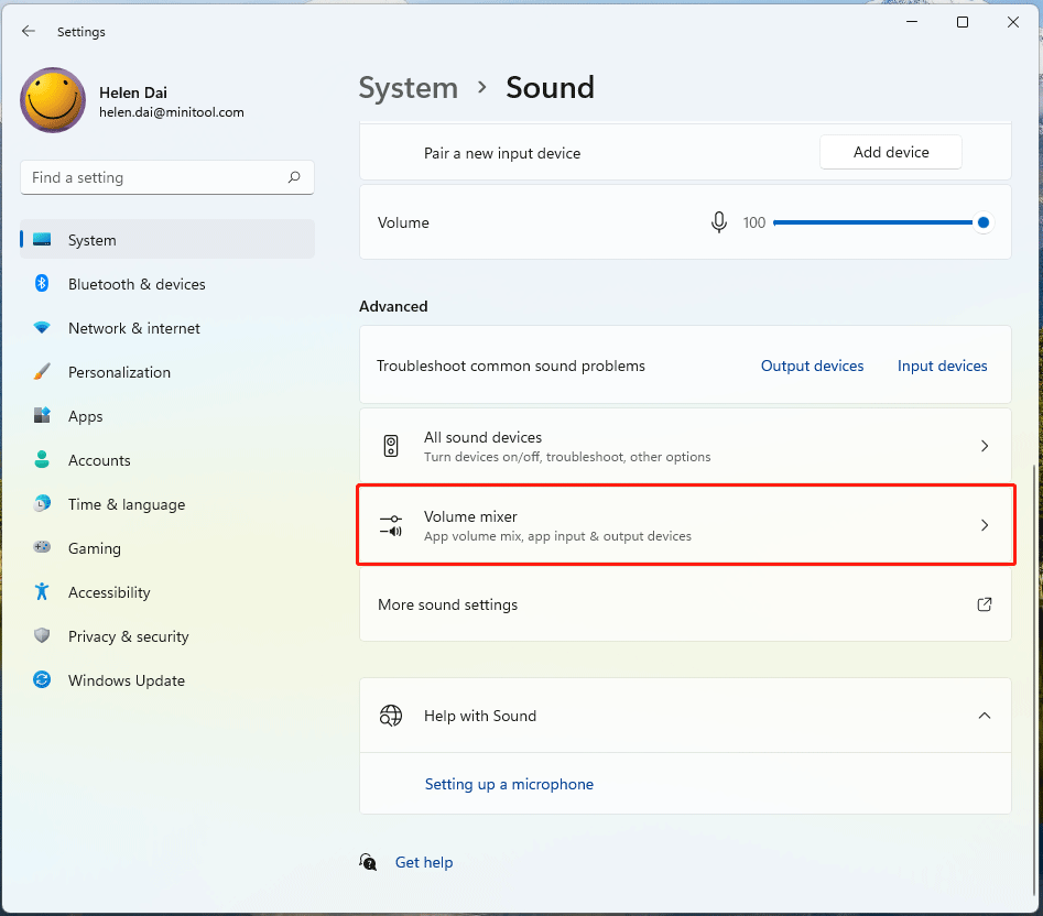 open Windows 11 Volume Mixer from Windows Settings