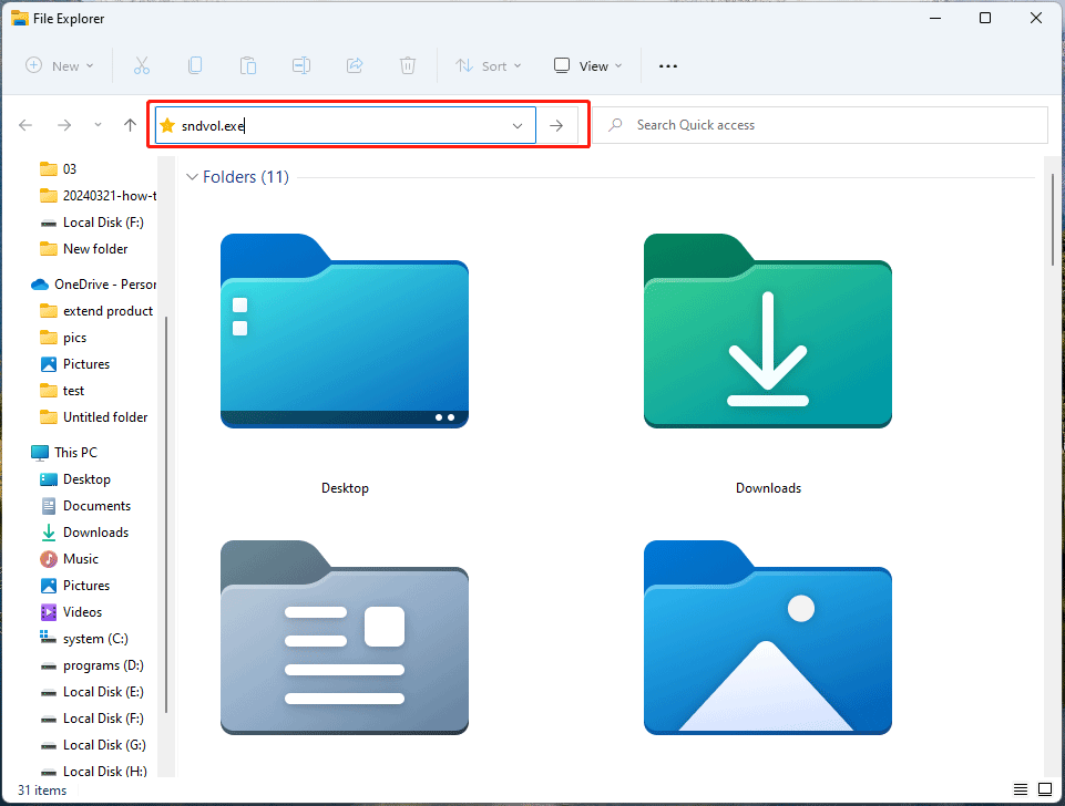 open Windows 11 Volume Mixer from File Explorer