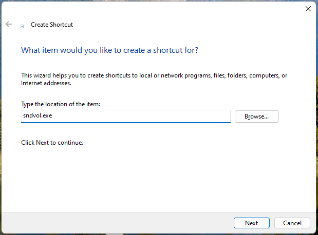 create a shortcut for Windows 11 Volume Mixer