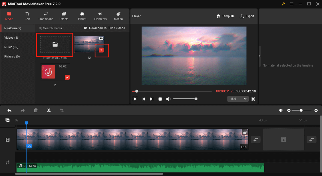 オーディオとビデオを「MiniTool MovieMaker」のタイムラインに追加