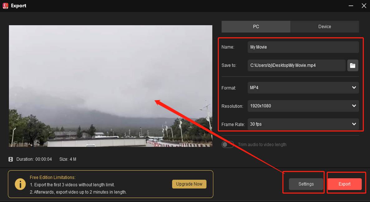 customize and export MP4 video file