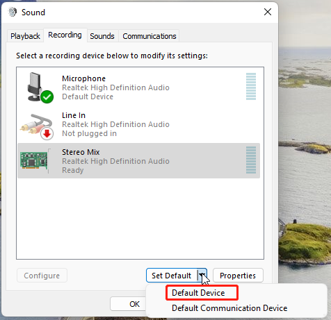 set Stereo Mix as the default device