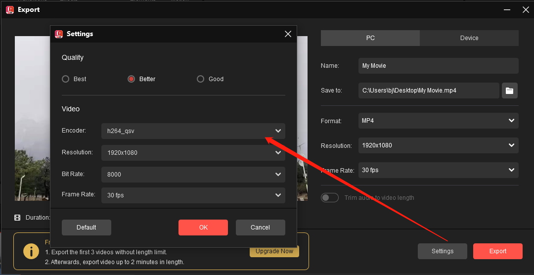 customize settings and export video