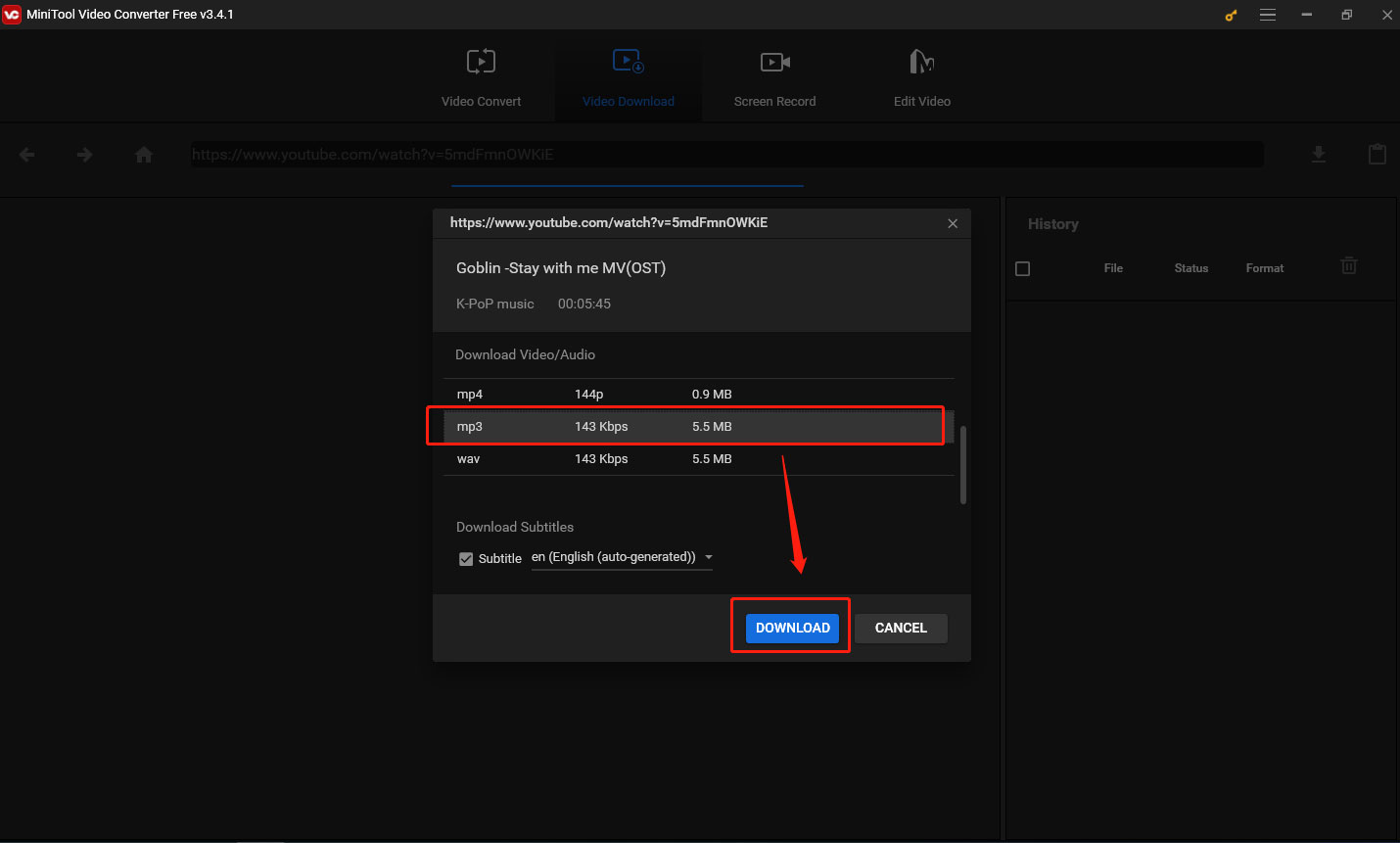 select the audio file format