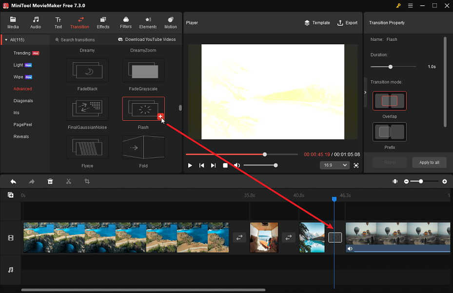 add the flash transition between two clips