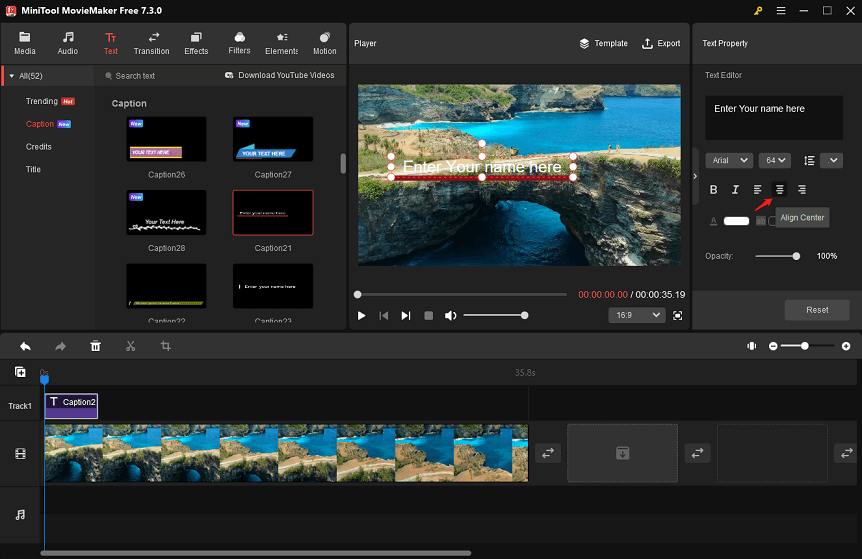 click Align Center in MiniTool MovieMaker