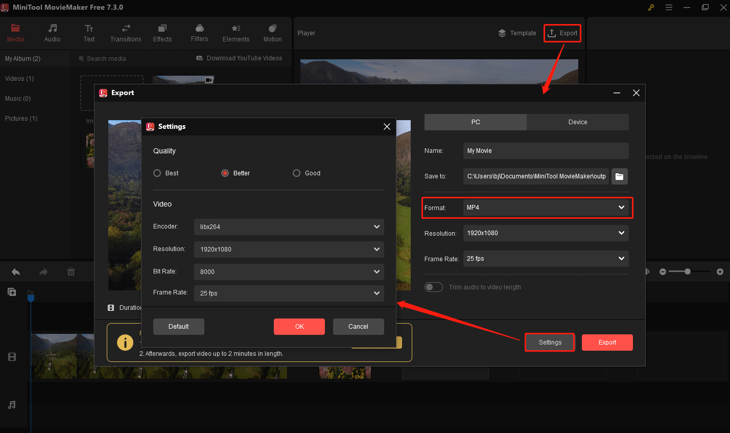 change the format and export