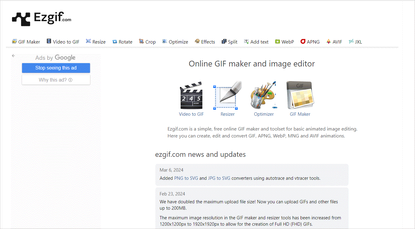 the interface of ezgif.com