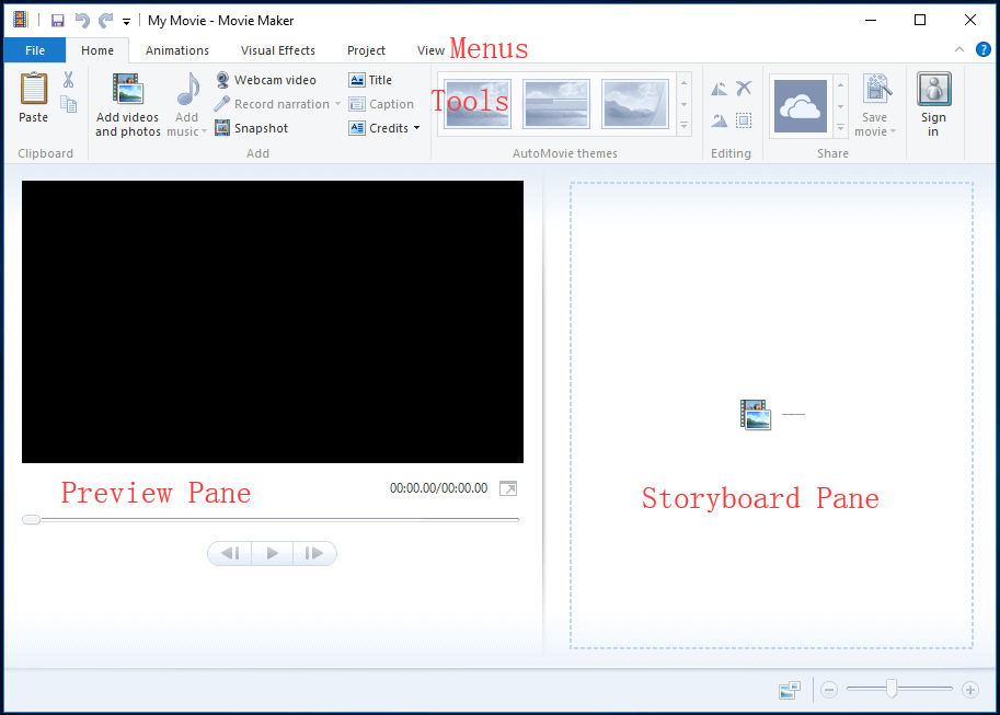 interface of Windows Movie Maker