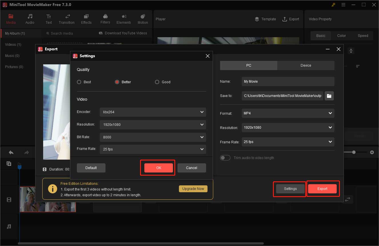 export your video and set up specific parameters