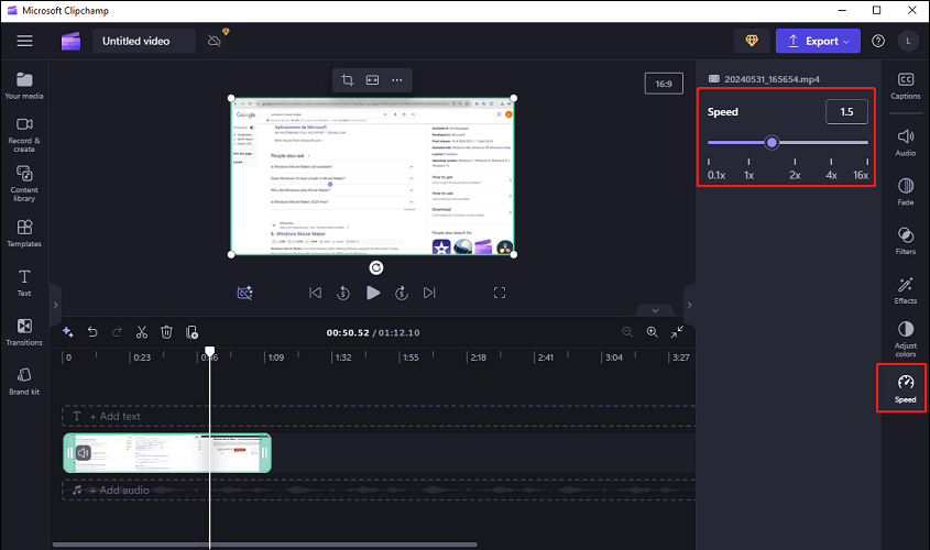 speed up the screen recording in Clipchamp