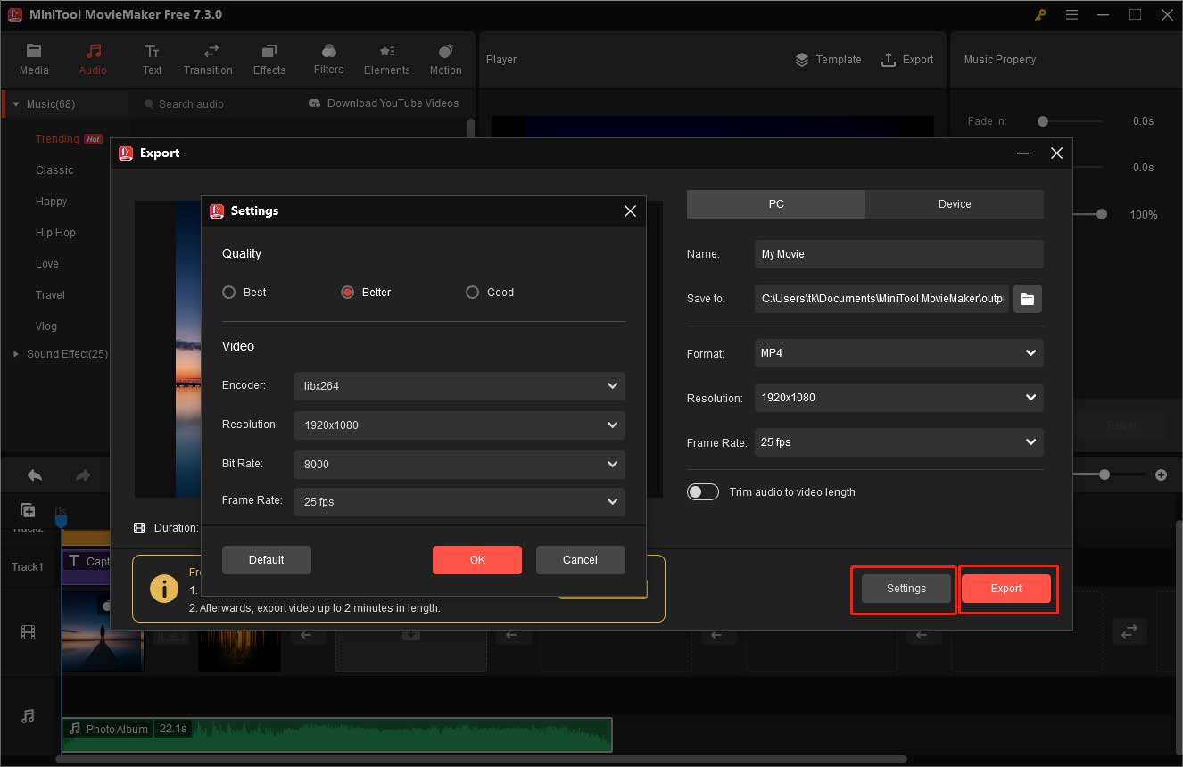 change the settings of your video and export it