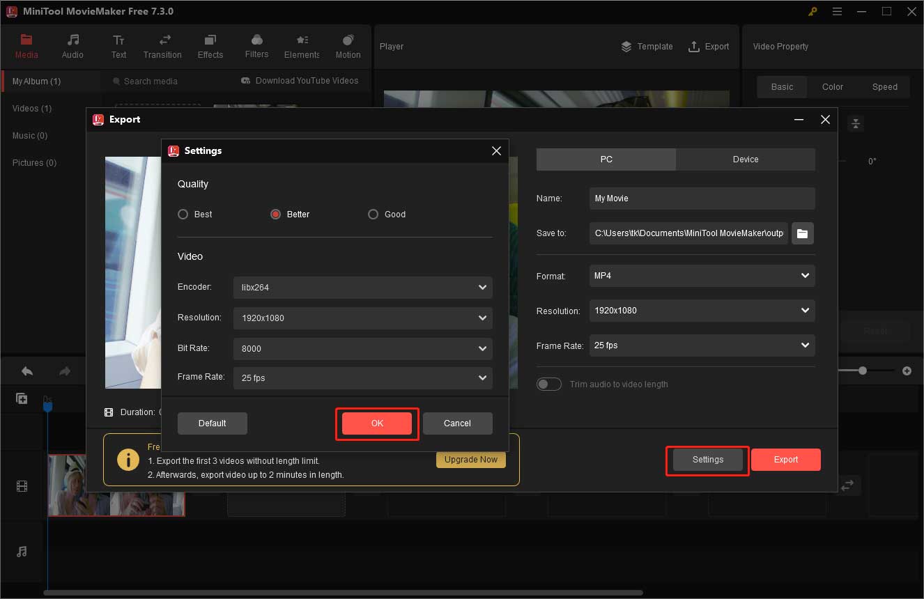 choose suitable parameters for your video and export it