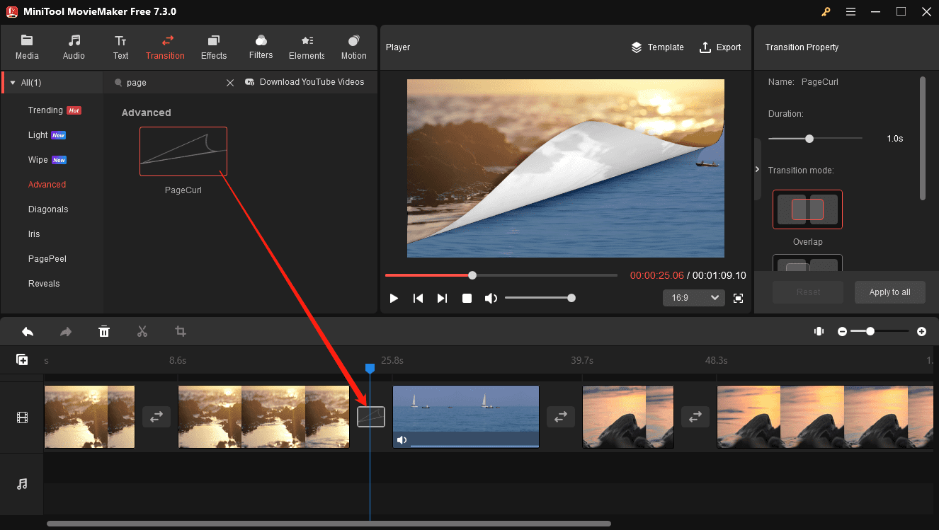 add page turn transition in MiniTool MovieMaker