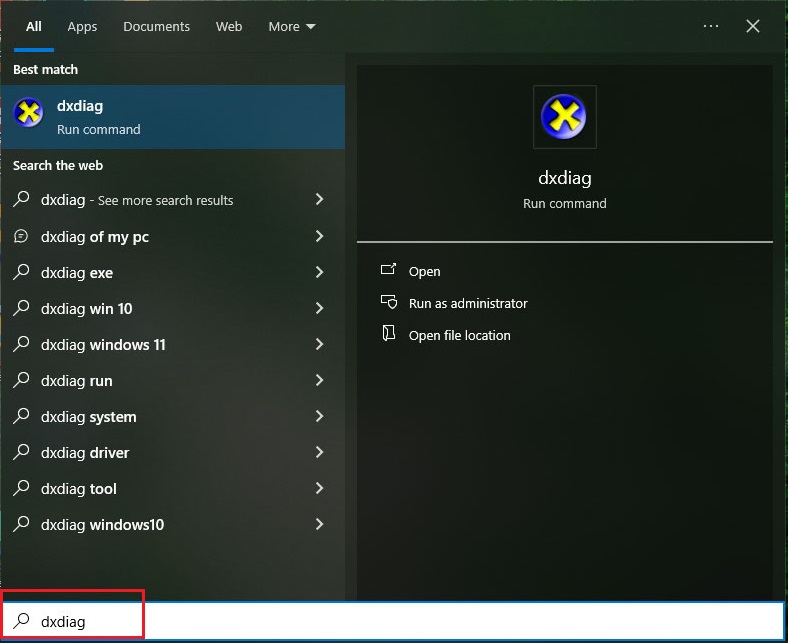 search dxdiag in the search box