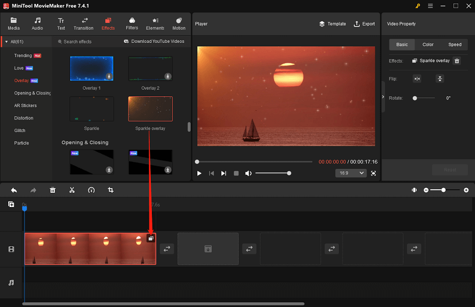 add sparkle effect to video in MiniTool MovieMaker