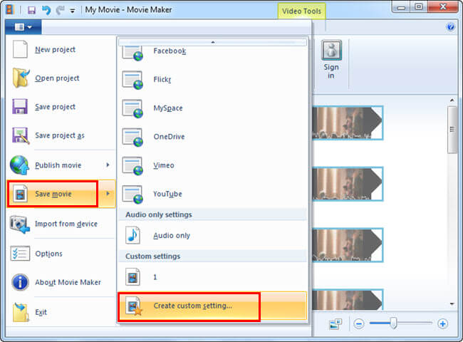 haga clic en Crear configuración personalizada para guardar la película