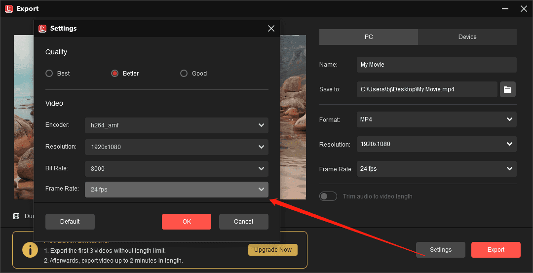 change output settings