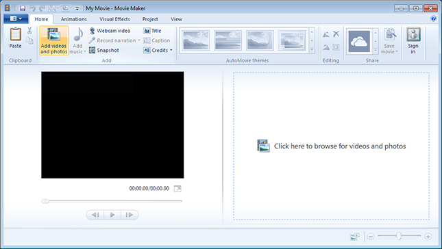 Interface do Windows Movie Maker