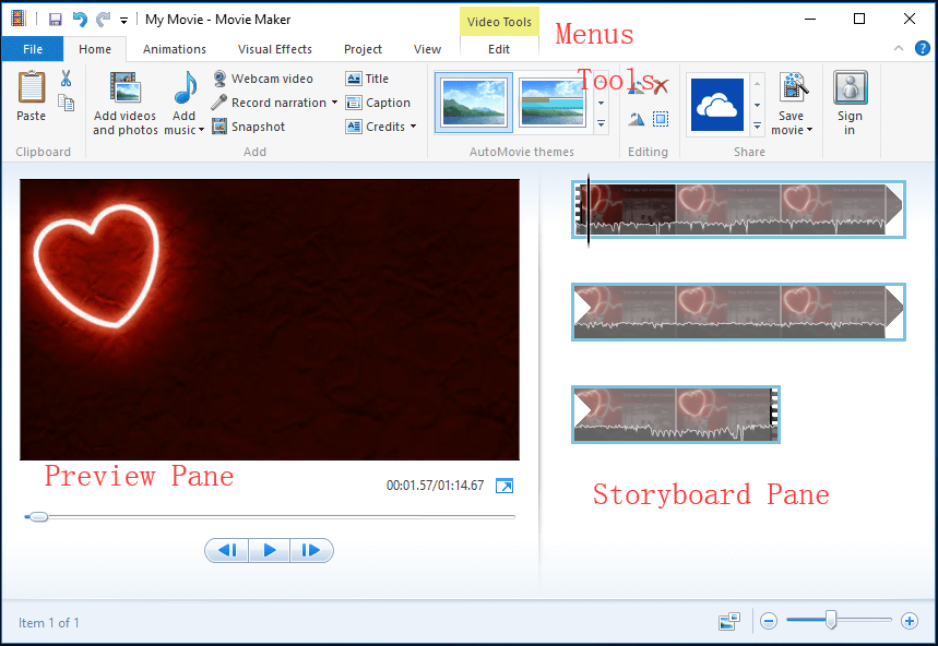 interface principal do Windows Movie Maker