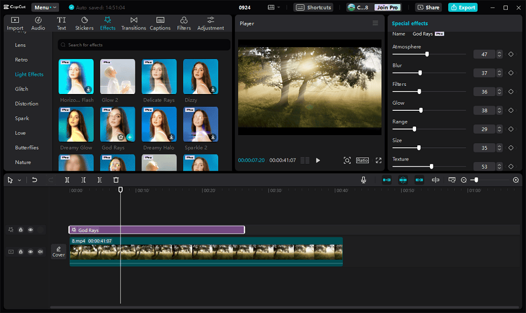 add and edit light rays effect in CapCut