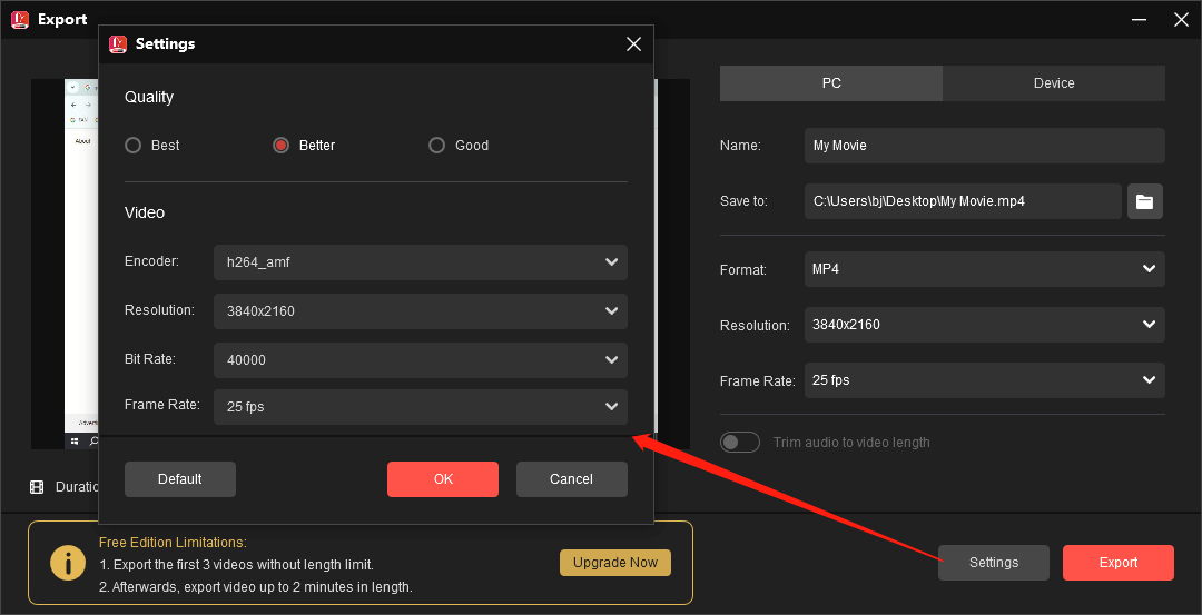 Set output settings for exporting videos from MiniTool MovieMaker