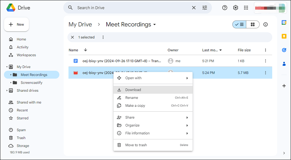 Download a Google Meet Recording from Google Drive