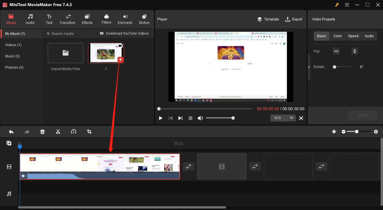 Add video to the timeline for editing in MiniTool MovieMaker