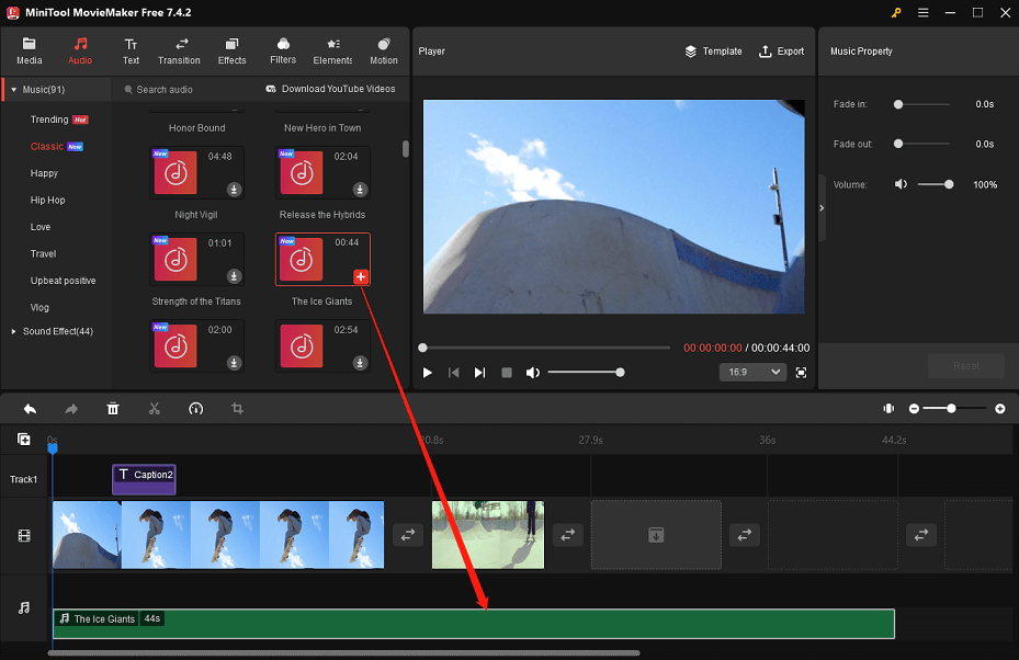 Click the + icon to include background music in MiniTool MovieMaker