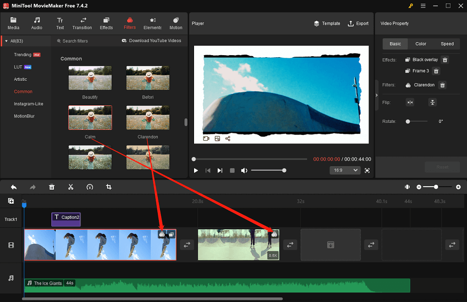 Click the + icon to add filters in MiniTool MovieMaker