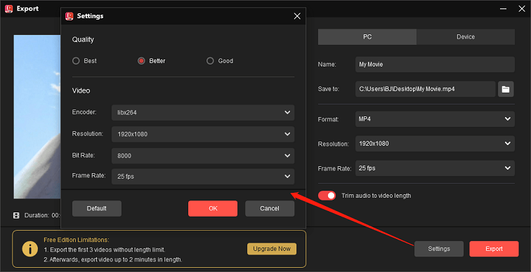 Click the Export option to customize the export settings in MiniTool MovieMaker