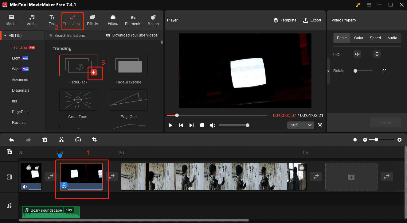 apply a transition between two clips