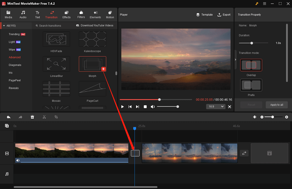 add a morph transition in MiniTool MovieMaker