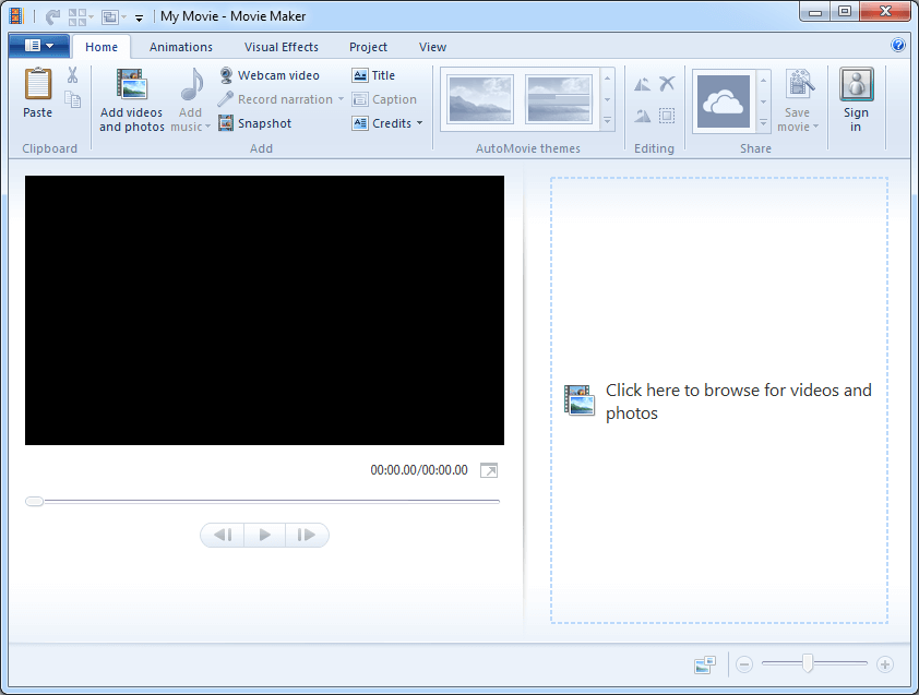 a interface principal do Windows Movie Maker