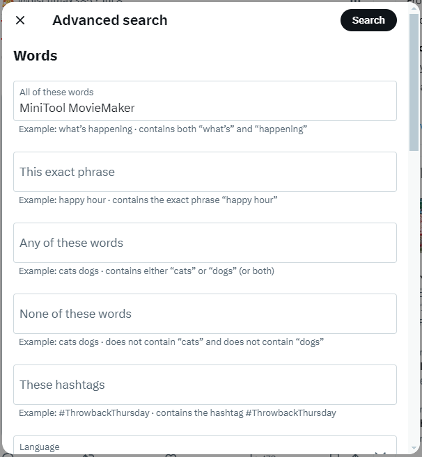 Twitter Advanced search window: Words