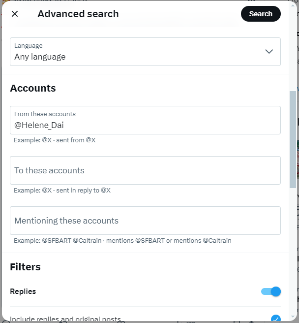 Twitter Advanced search window: Accounts