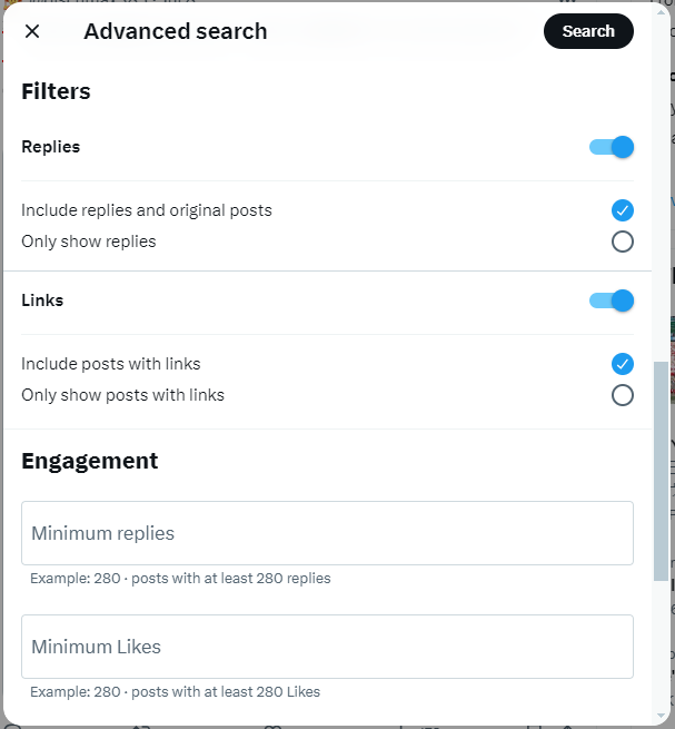 Twitter Advanced search window: Filters and Engagement