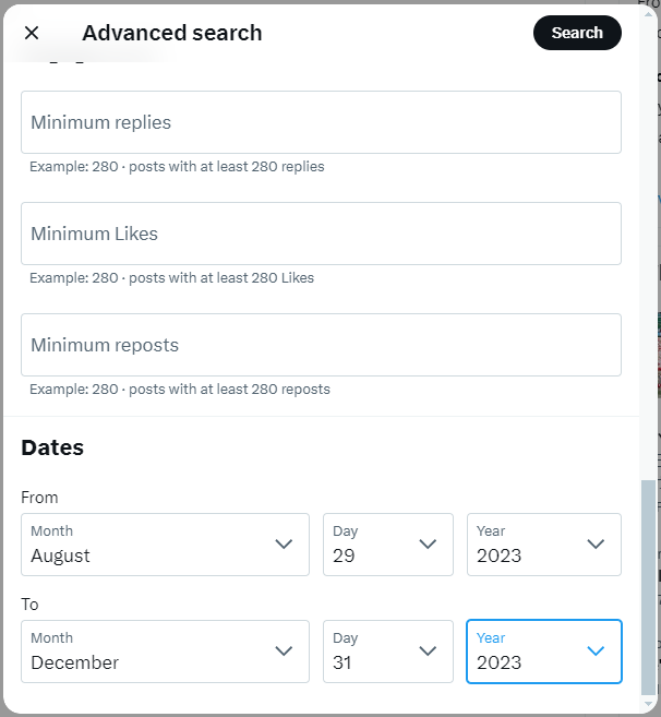 Twitter Advanced search window: Dates