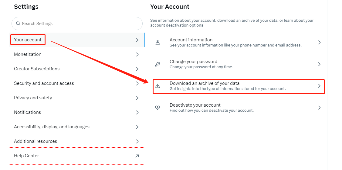 Select the Download an archive of your data option under Your account on Twitter