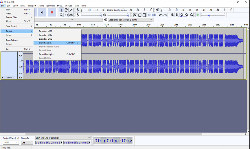 the export interface of Audacity