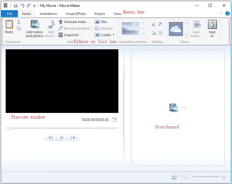 la interfaz principal de Window Movie Maker 