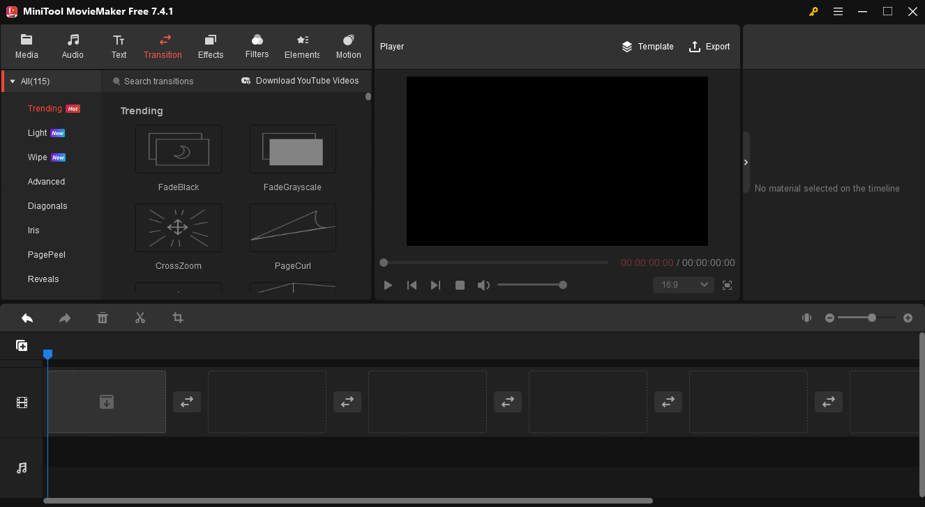 the interface of transitions in MiniTool MovieMaker