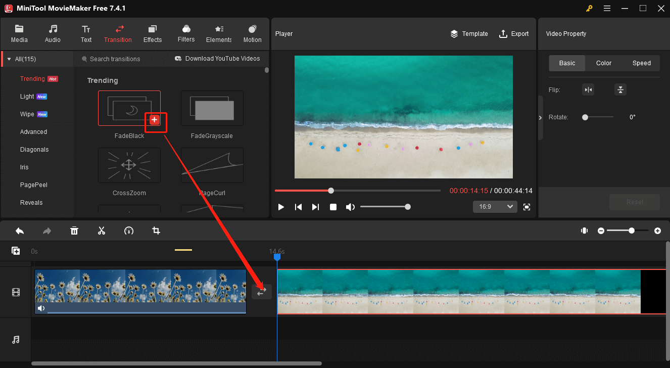 add a transition between two clips