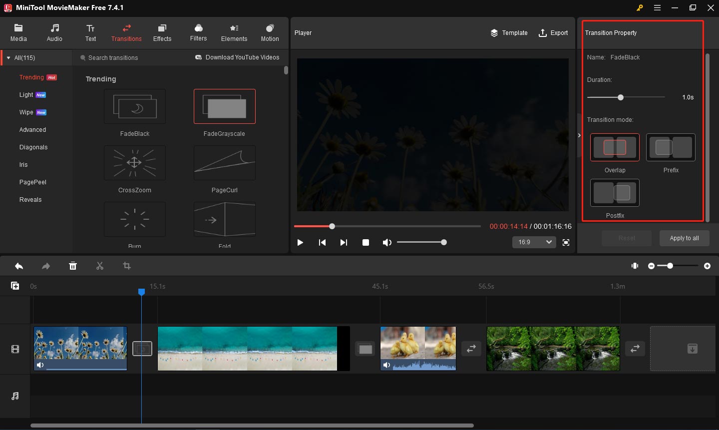 the interface for editing transitions