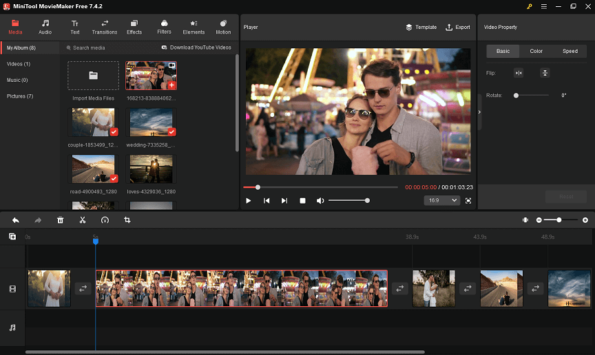 Import your media files to MiniTool MovieMaker and add your files to the timeline