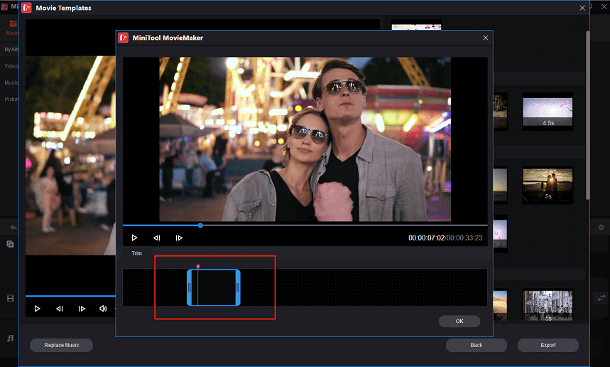 Cut the video clip to leave the needed video part in MiniTool MovieMaker