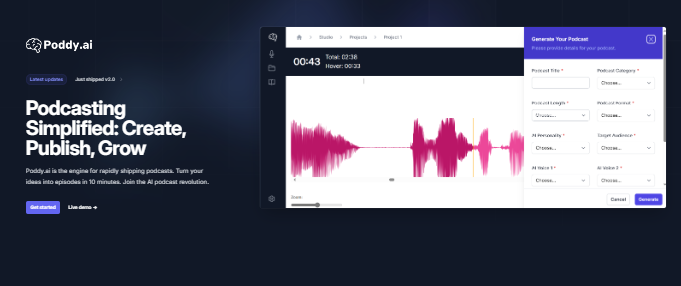 The interface of Poddy.ai