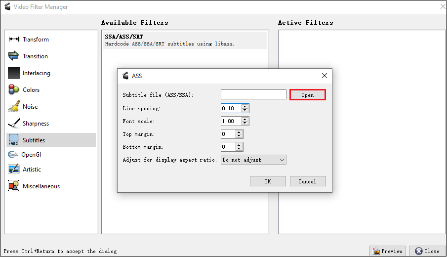 Click the Open button to add a subtitle file in Avidemux