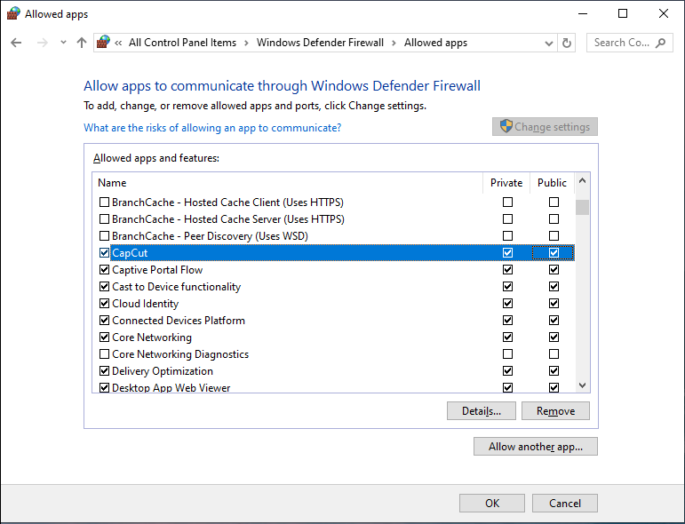 Allow CapCut to run through the Windows Defender Firewall